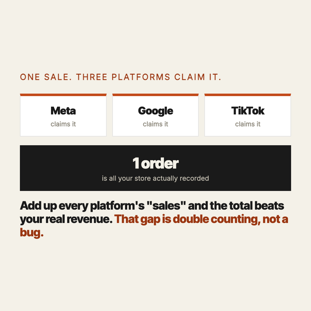 One sale, and three platforms each claim it: Meta claims it, Google claims it, TikTok claims it, while your store recorded one order. Adding up every platform's sales beats your real revenue. That gap is double counting, not a bug.