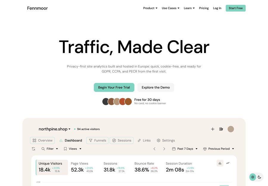 An analytics product's website.